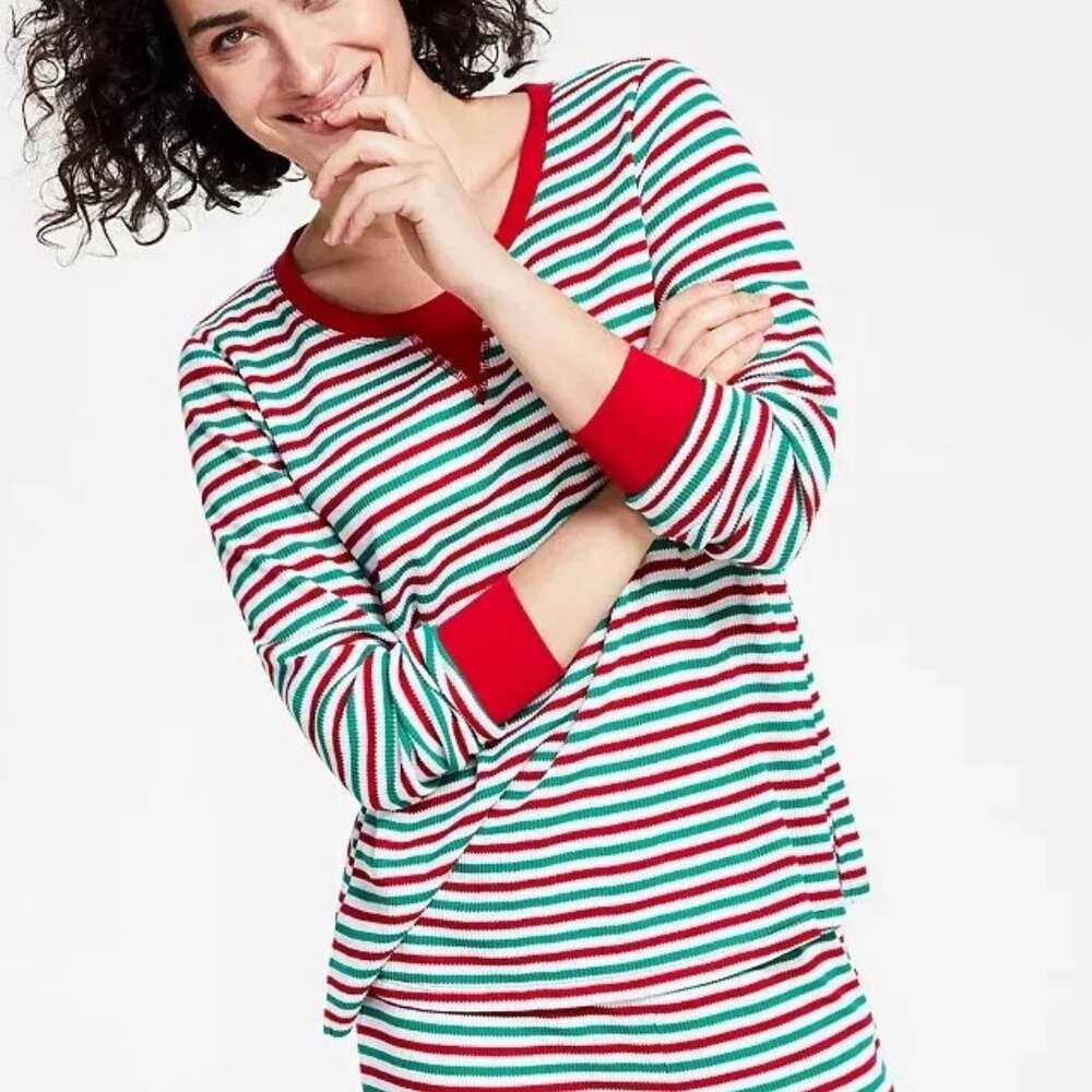 Family Pajamas Women's Pajama Top, Candy Cane Stripe Red/Green/White, Small